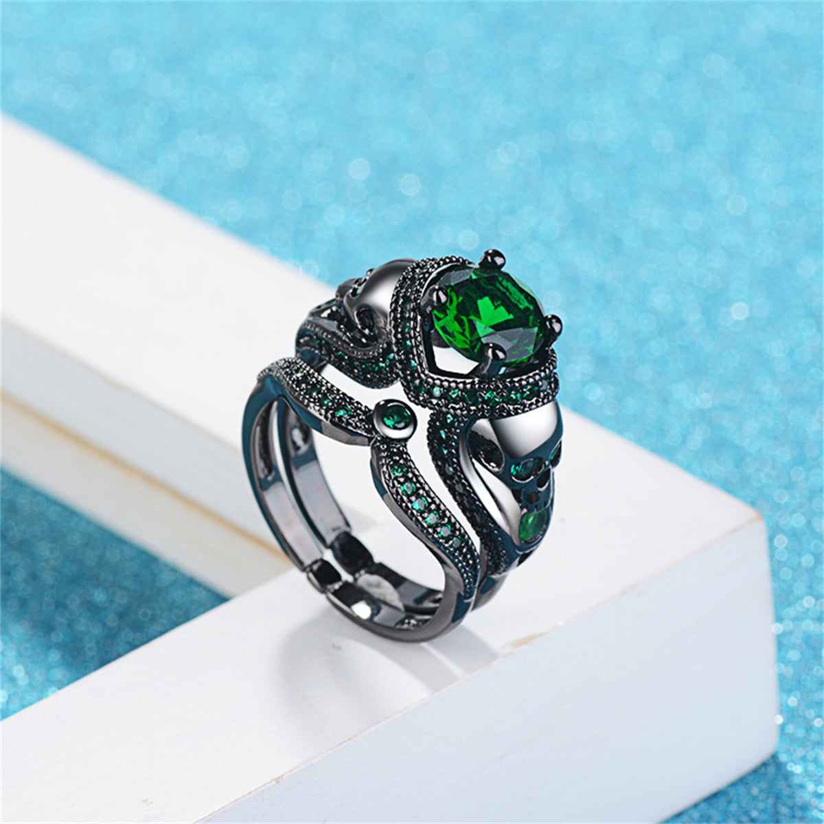 Green Crystal and Cubic Zirconia Skull Heart Ring Set, jewelry gift sets for women, botanical inspired, lifestyle look