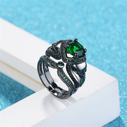 Green Crystal and Cubic Zirconia Skull Heart Ring Set, jewelry gift sets for women, botanical inspired, lifestyle look