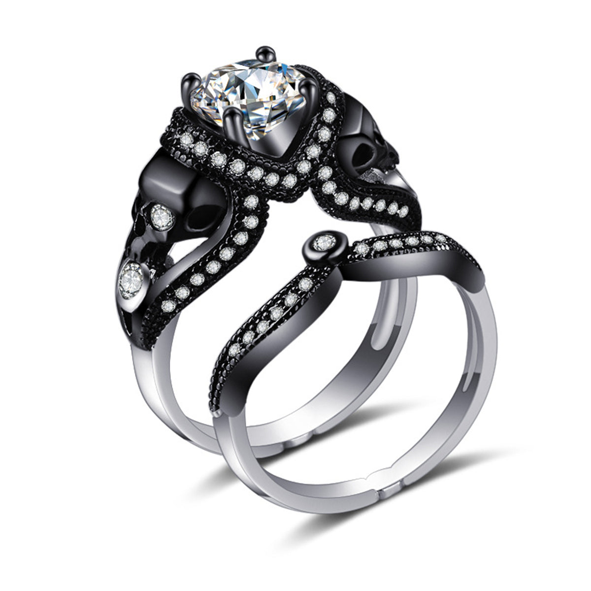 Crystal and Cubic Zirconia Skull Ring Set, jewelry gift sets for women, vintage-inspired design, front view