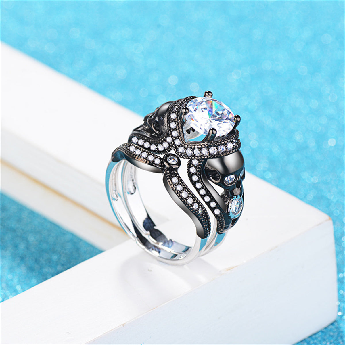 Crystal and Cubic Zirconia Skull Ring Set, jewelry gift sets for women, vintage-inspired design, side view