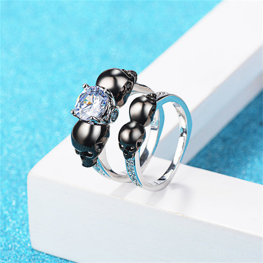 Crystal and Cubic Zirconia Two-Tone Skull Ring Set, jewelry gift sets for women, dainty minimalist design, front view