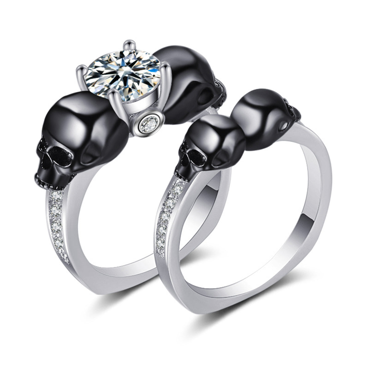 Crystal and Cubic Zirconia Two-Tone Skull Ring Set, jewelry gift sets for women, dainty minimalist design, side view