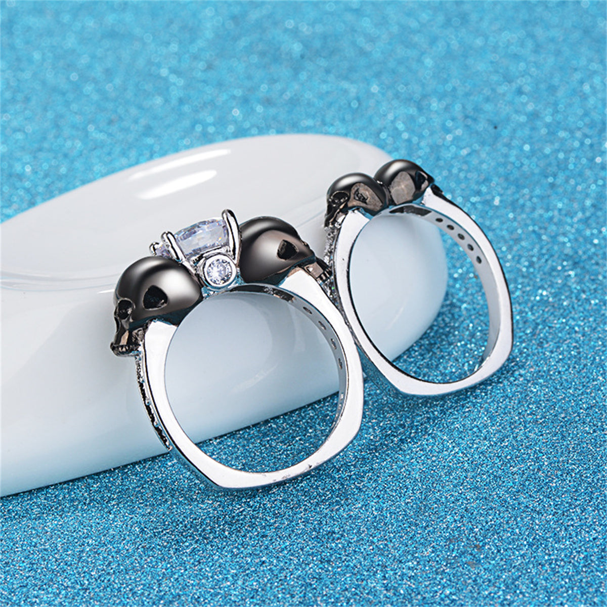 Crystal and Cubic Zirconia Two-Tone Skull Ring Set, jewelry gift sets for women, dainty minimalist design, styled look