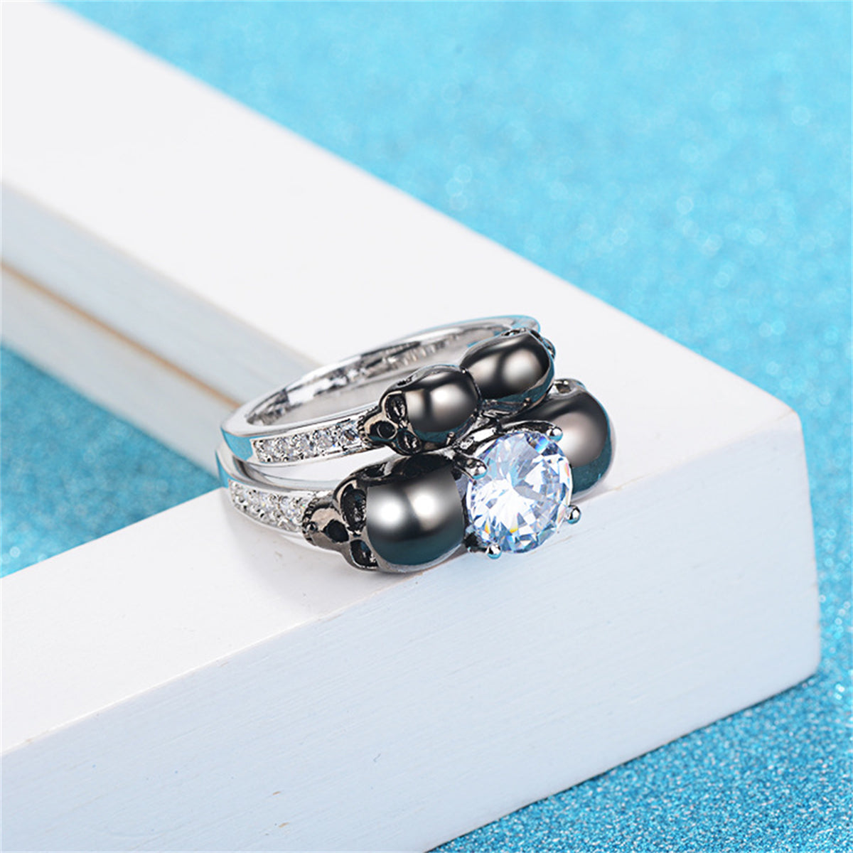 Crystal and Cubic Zirconia Two-Tone Skull Ring Set, jewelry gift sets for women, dainty minimalist design, detail close-up
