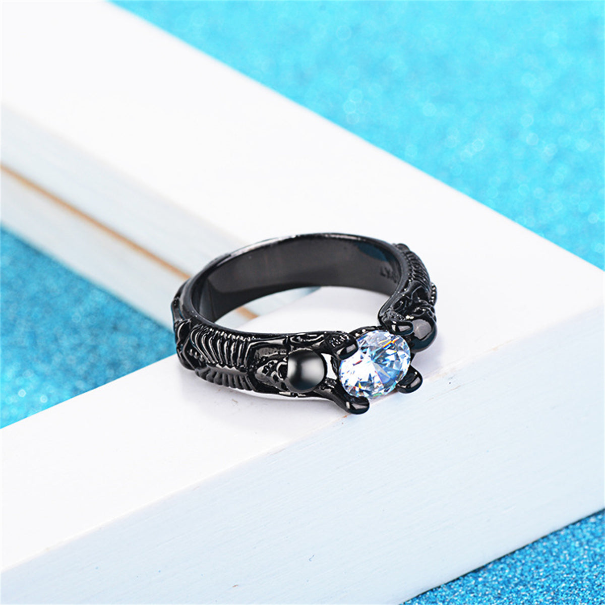 Crystal and Black-Tone Skeleton Ring, statement rings for women, everyday style, detail close-up