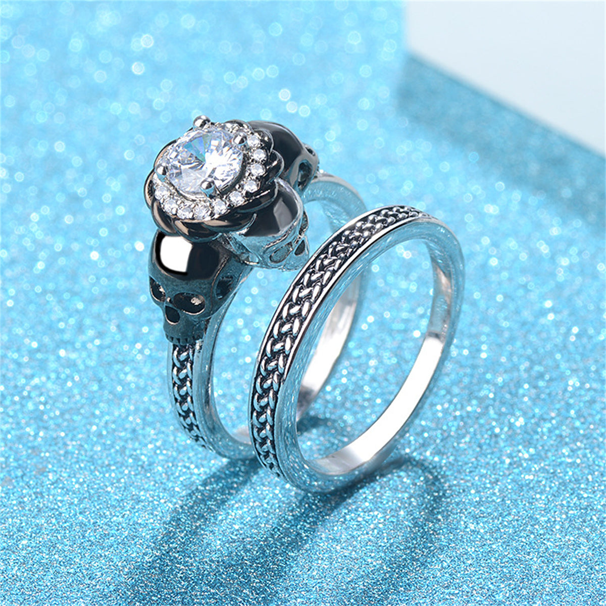 Crystal and Cubic Zirconia Skull Ring Set, jewelry gift sets for women, everyday style, detail close-up