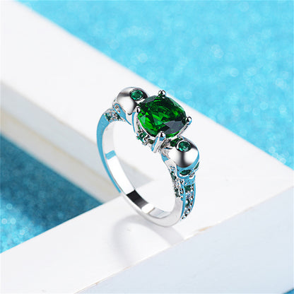 Green Crystal and Cubic Zirconia Skull-Accent Ring, statement rings for women, everyday style, front view