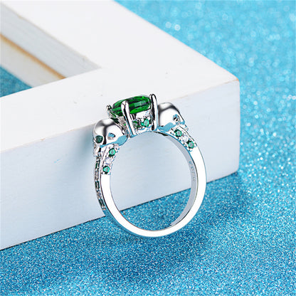 Green Crystal and Cubic Zirconia Skull-Accent Ring, statement rings for women, everyday style, styled look