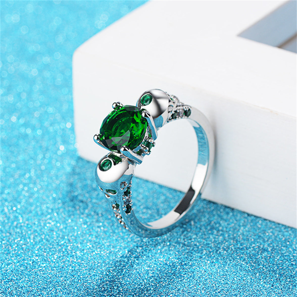 Green Crystal and Cubic Zirconia Skull-Accent Ring, statement rings for women, everyday style, detail close-up