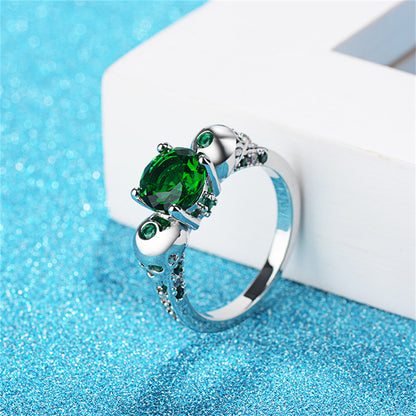 Green Crystal and Cubic Zirconia Skull-Accent Ring, statement rings for women, everyday style, detail close-up