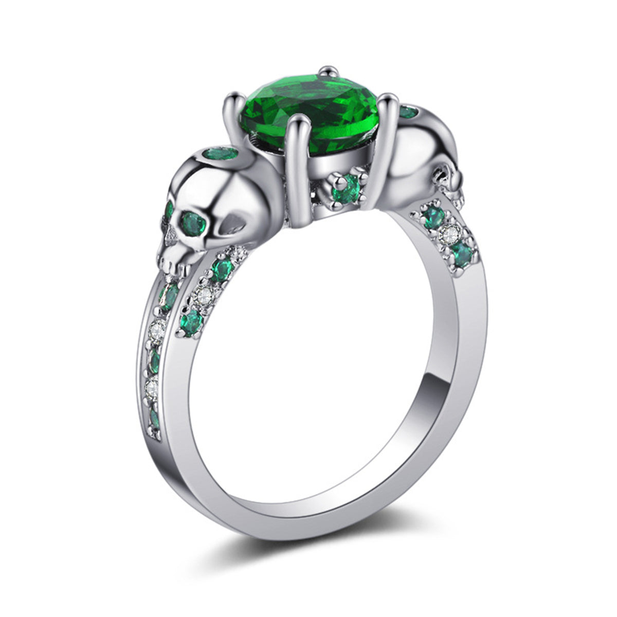 Green Crystal and Cubic Zirconia Skull-Accent Ring, statement rings for women, everyday style, side view