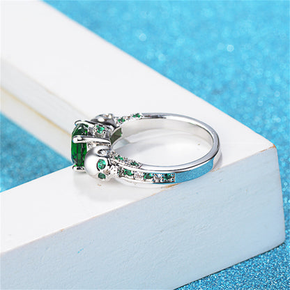Green Crystal and Cubic Zirconia Skull-Accent Ring, statement rings for women, everyday style, lifestyle look