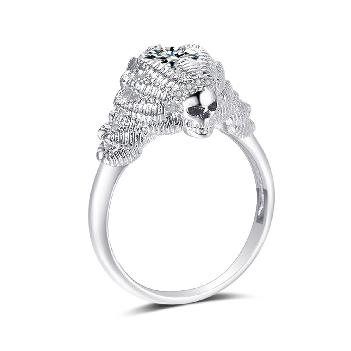 Crystal and Silver-Plated Skull Ring, silver statement rings for women, botanical inspired, front view
