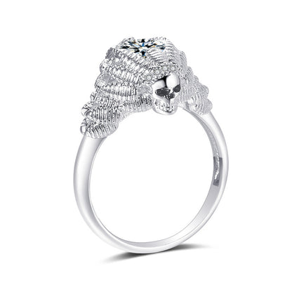 Crystal and Silver-Plated Skull Ring, silver statement rings for women, botanical inspired, front view