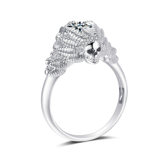 Crystal and Silver-Plated Skull Ring, silver statement rings for women, botanical inspired, front view