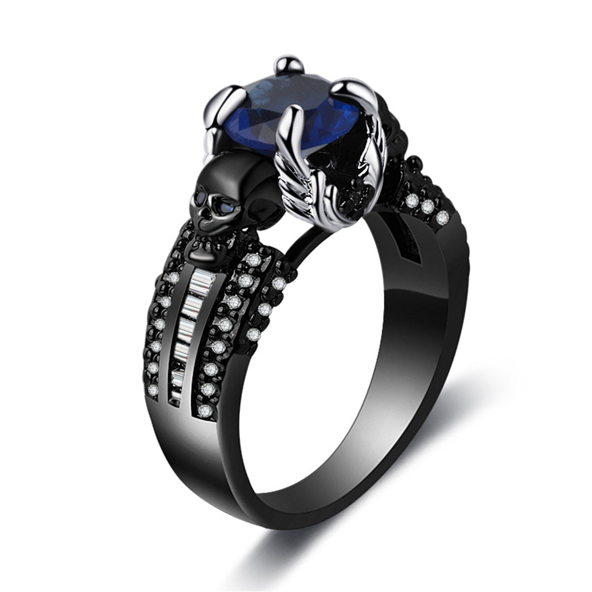 Blue Crystal and Cubic Zirconia Skull Ring, statement rings for women, dainty minimalist design, front view