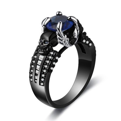 Blue Crystal and Cubic Zirconia Skull Ring, statement rings for women, dainty minimalist design, front view