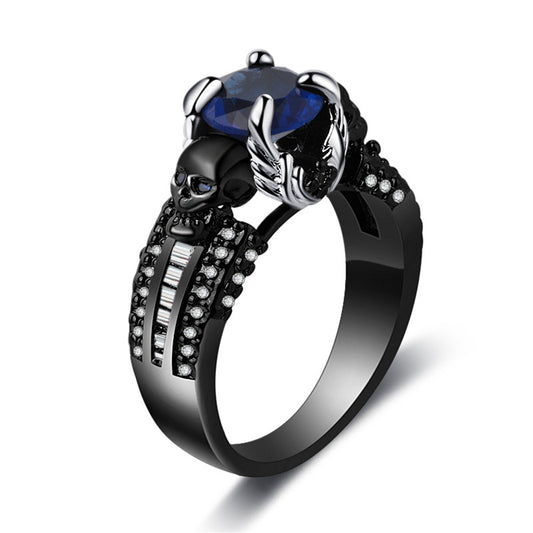 Blue Crystal and Cubic Zirconia Skull Ring, statement rings for women, dainty minimalist design, front view