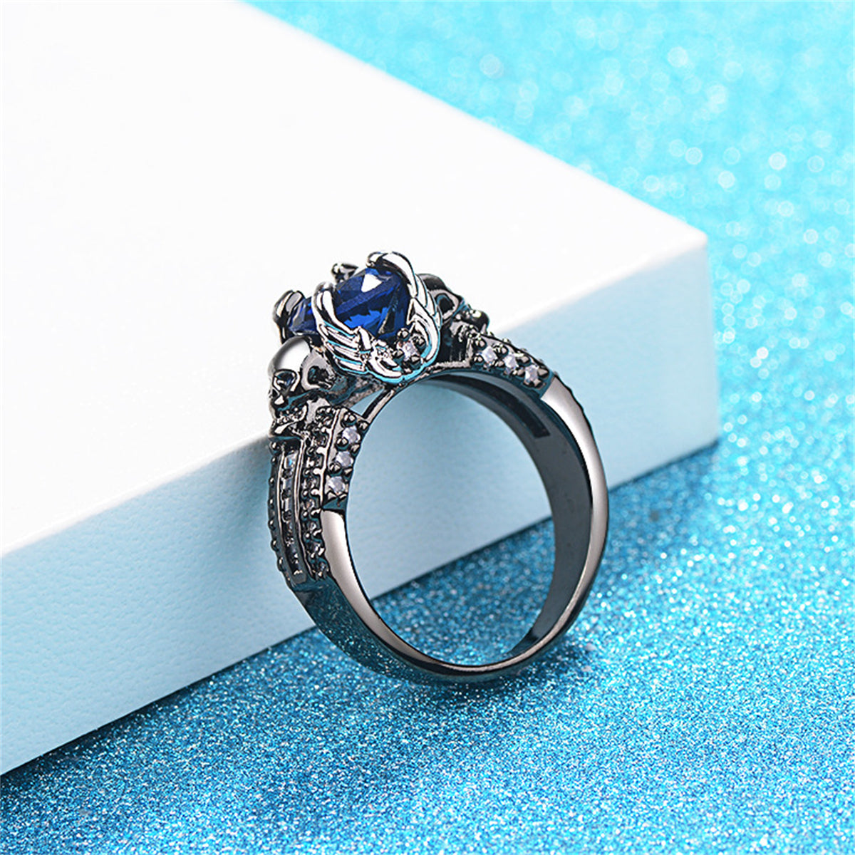 Blue Crystal and Cubic Zirconia Skull Ring, statement rings for women, dainty minimalist design, styled look