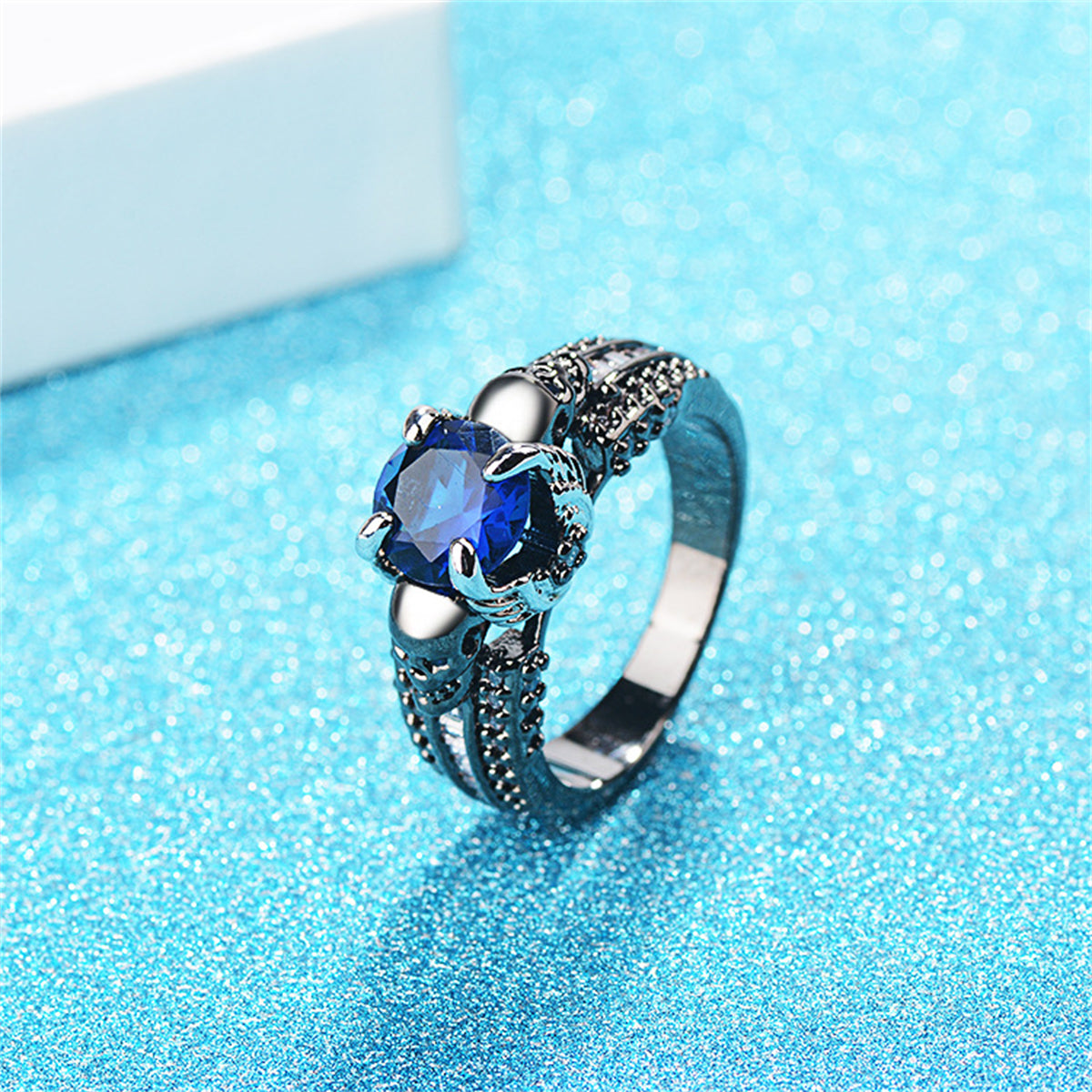 Blue Crystal and Cubic Zirconia Skull Ring, statement rings for women, dainty minimalist design, detail close-up