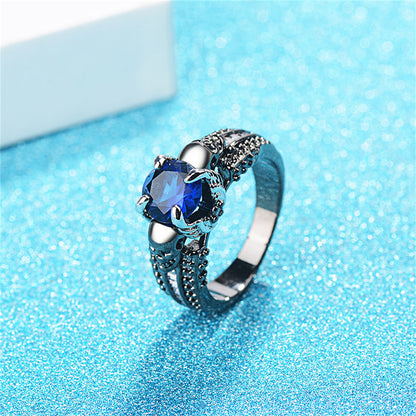 Blue Crystal and Cubic Zirconia Skull Ring, statement rings for women, dainty minimalist design, detail close-up