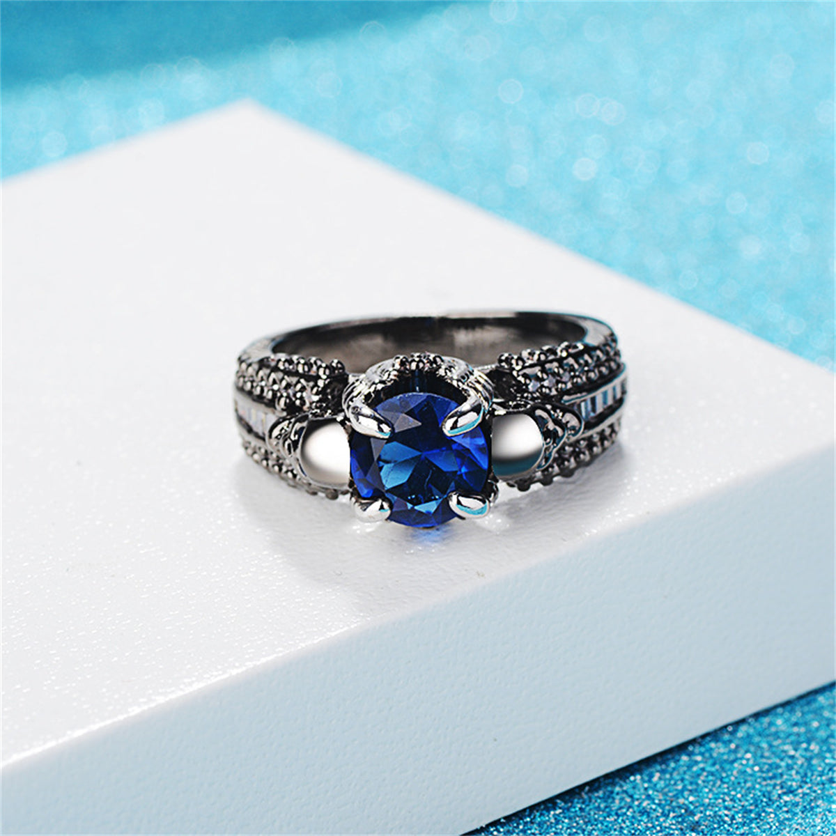 Blue Crystal and Cubic Zirconia Skull Ring, statement rings for women, dainty minimalist design, lifestyle look