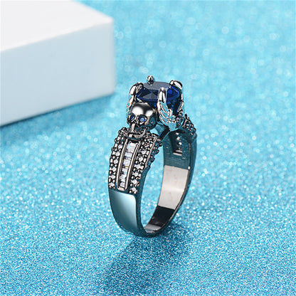 Blue Crystal and Cubic Zirconia Skull Ring, statement rings for women, dainty minimalist design, side view