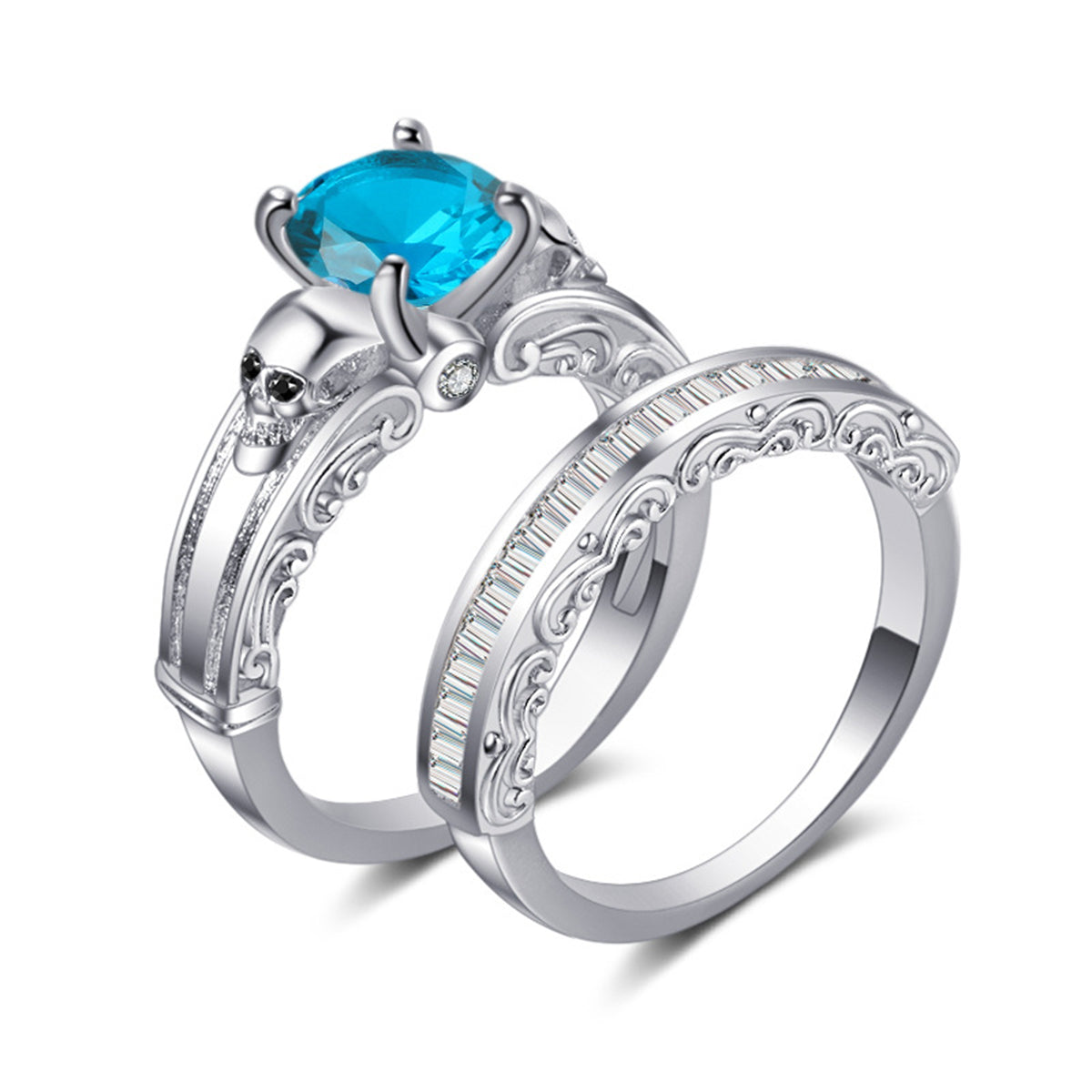 Sea Blue Crystal and Cubic Zirconia Skull Wing Ring Set, jewelry gift sets for women, botanical inspired, front view