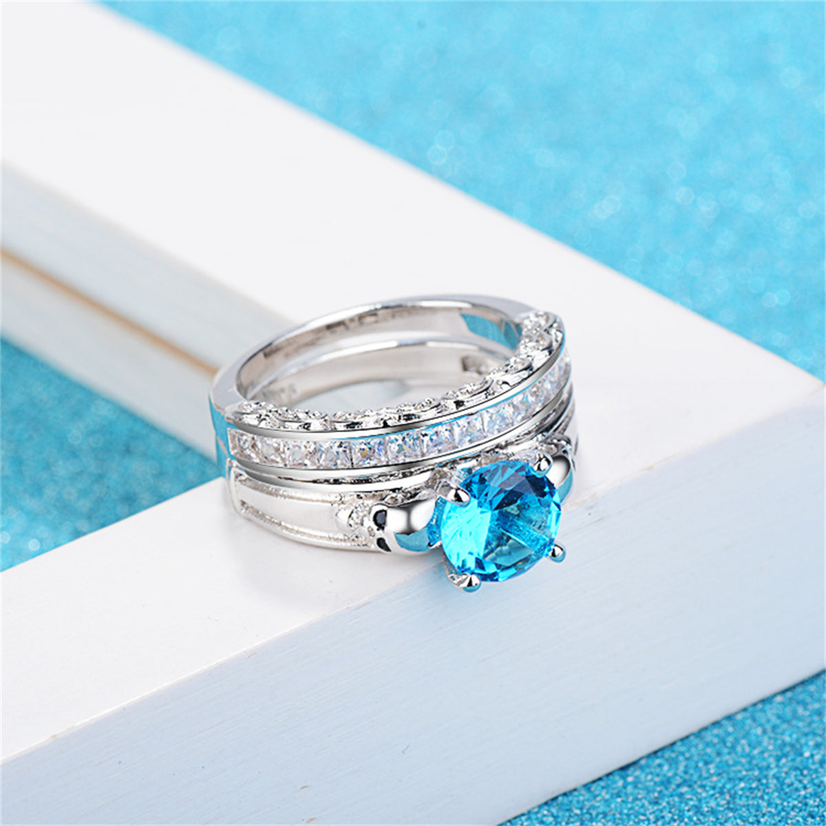 Sea Blue Crystal and Cubic Zirconia Skull Wing Ring Set, jewelry gift sets for women, botanical inspired, detail close-up