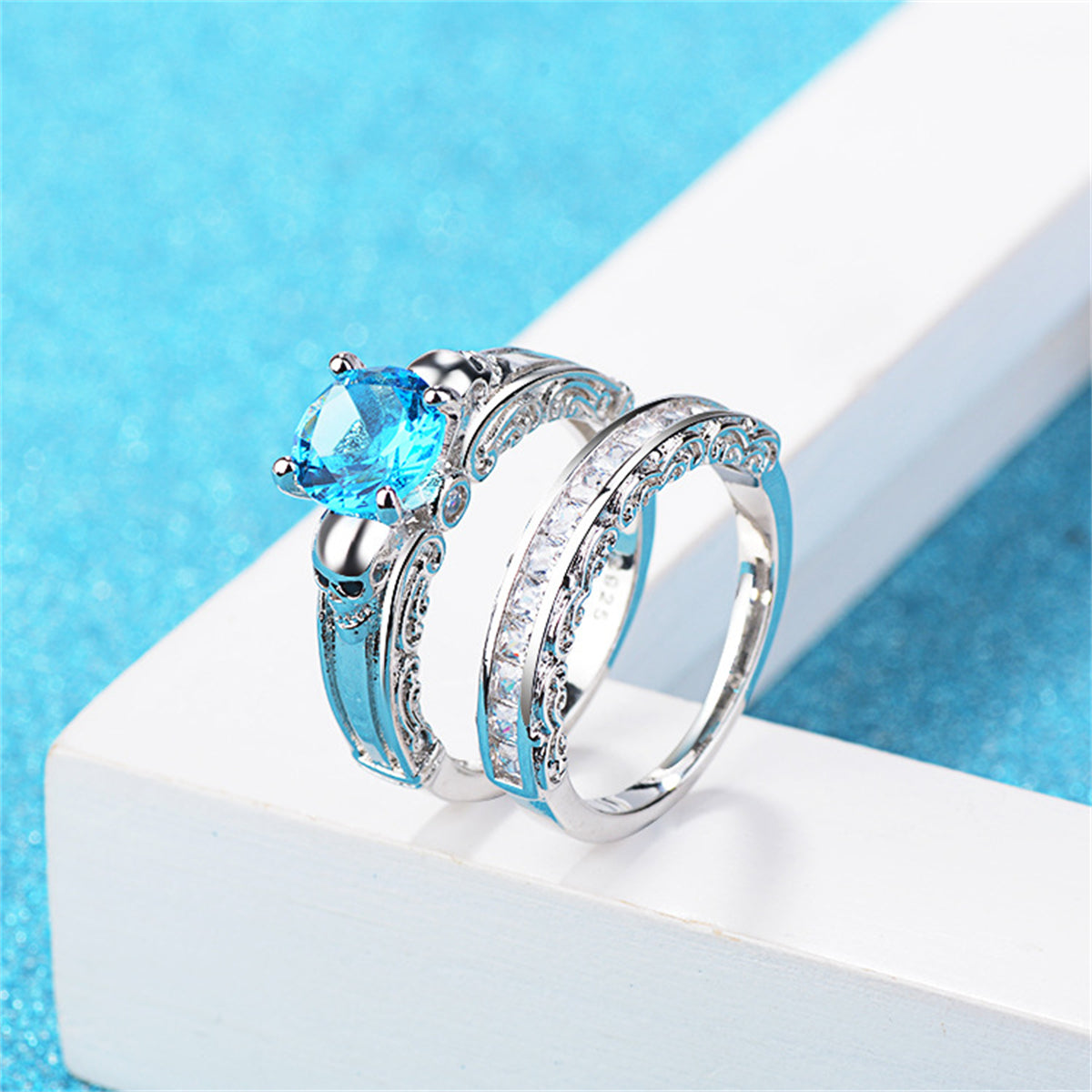 Sea Blue Crystal and Cubic Zirconia Skull Wing Ring Set, jewelry gift sets for women, botanical inspired, lifestyle look