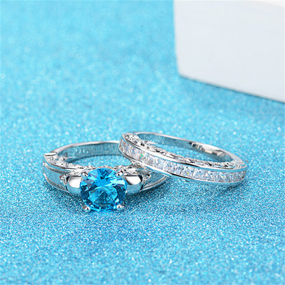 Sea Blue Crystal and Cubic Zirconia Skull Wing Ring Set, jewelry gift sets for women, botanical inspired, styled look