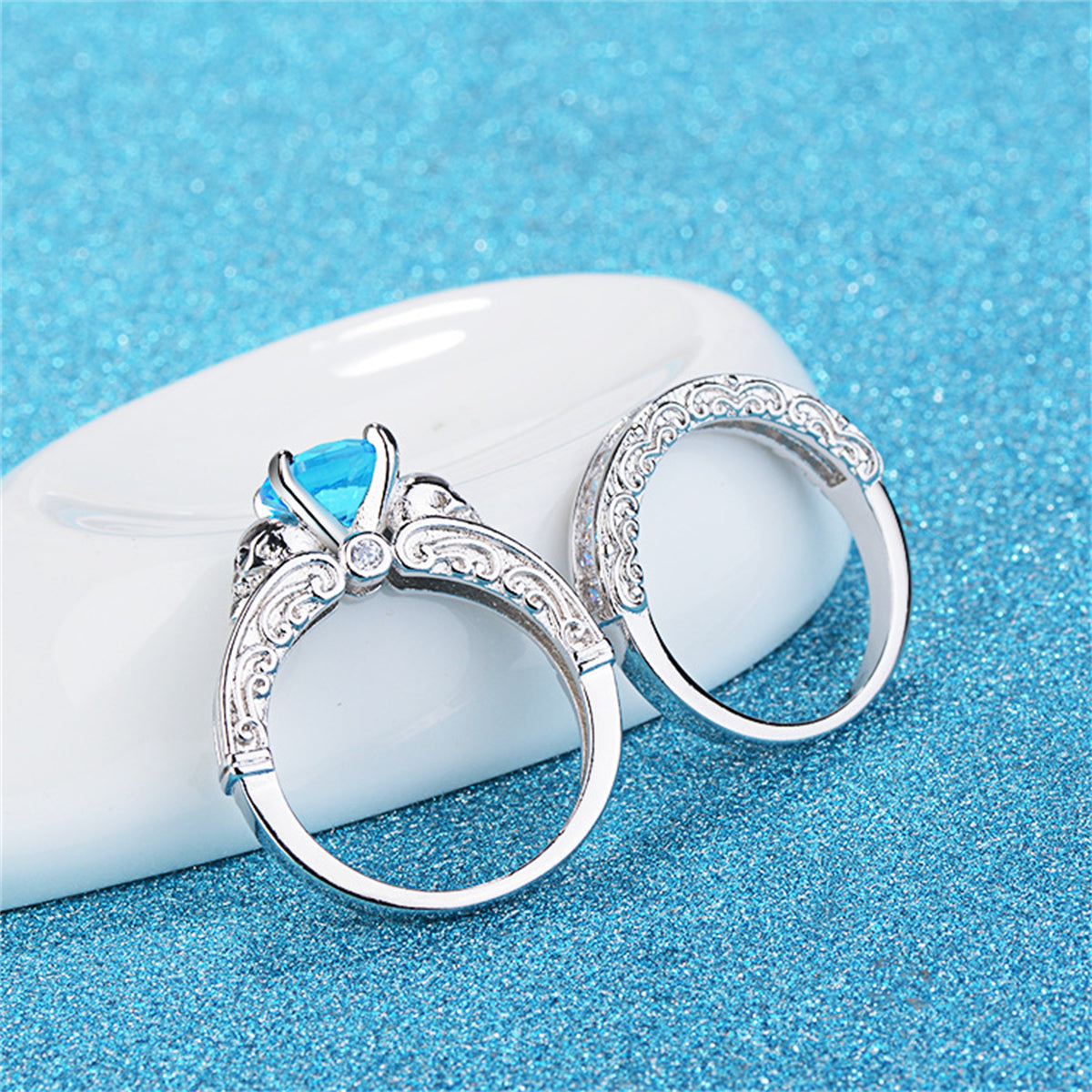 Sea Blue Crystal and Cubic Zirconia Skull Wing Ring Set, jewelry gift sets for women, botanical inspired, side view