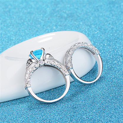 Sea Blue Crystal and Cubic Zirconia Skull Wing Ring Set, jewelry gift sets for women, botanical inspired, side view