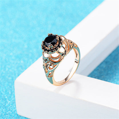 Black Crystal and Cubic Zirconia 18K Gold-Plated Skull Ring, gold statement rings for women, front view