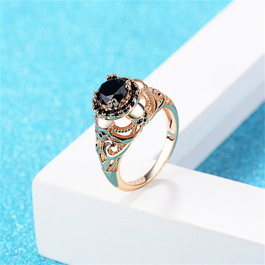 Black Crystal and Cubic Zirconia 18K Gold-Plated Skull Ring, gold statement rings for women, front view