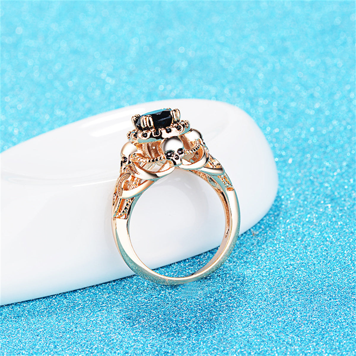 Black Crystal and Cubic Zirconia 18K Gold-Plated Skull Ring, gold statement rings for women, styled look