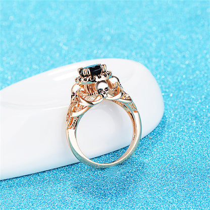 Black Crystal and Cubic Zirconia 18K Gold-Plated Skull Ring, gold statement rings for women, styled look