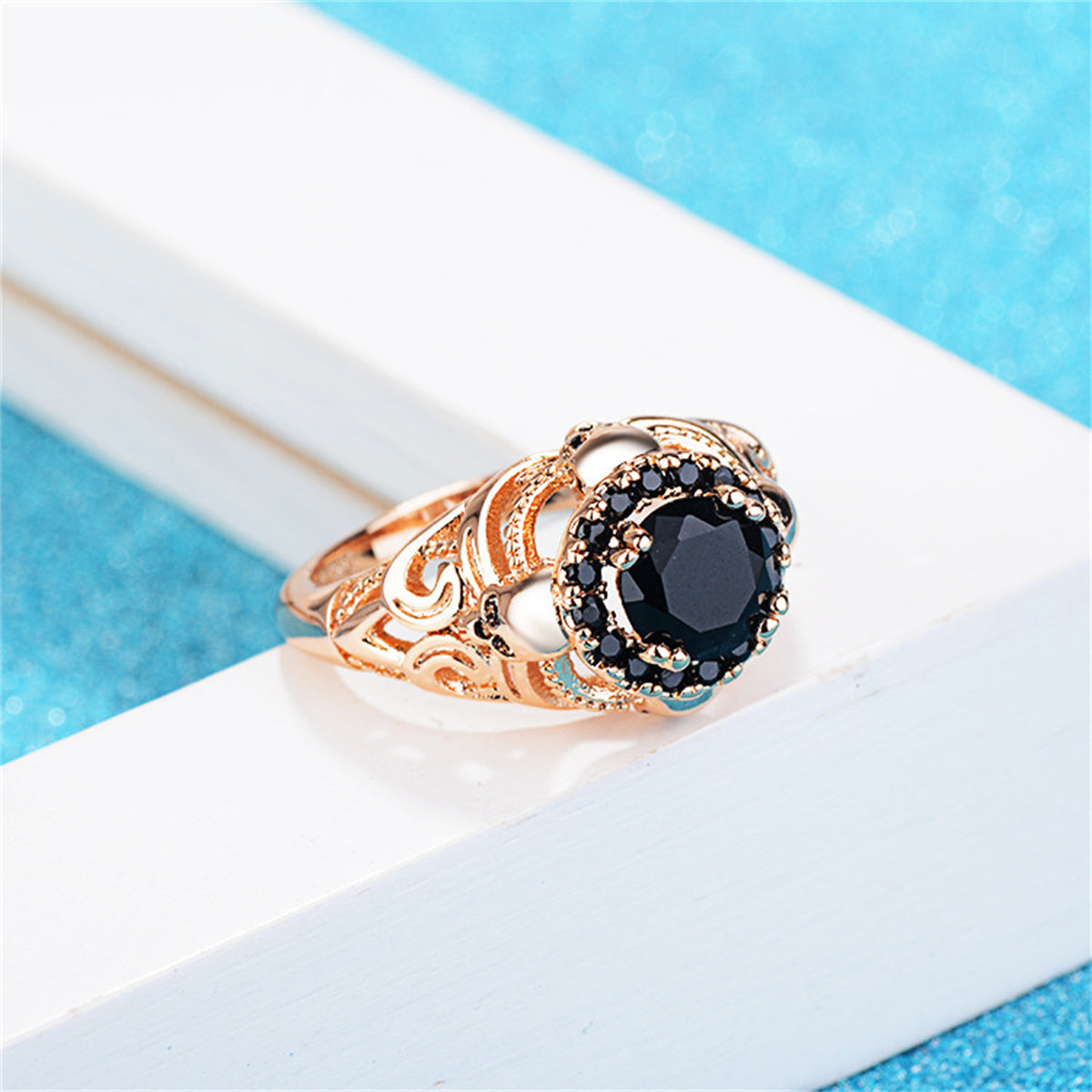 Black Crystal and Cubic Zirconia 18K Gold-Plated Skull Ring, gold statement rings for women, detail close-up