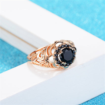 Black Crystal and Cubic Zirconia 18K Gold-Plated Skull Ring, gold statement rings for women, detail close-up