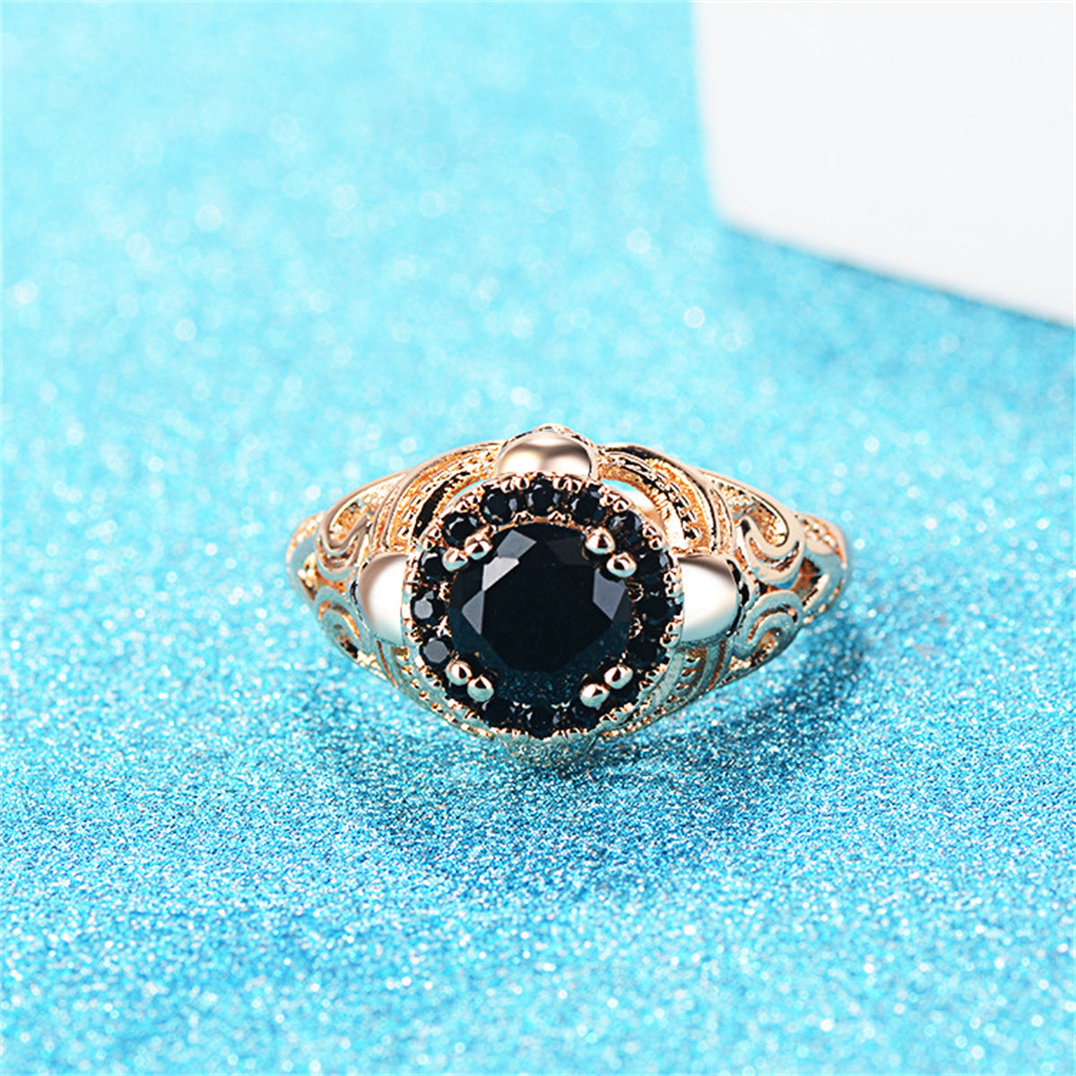 Black Crystal and Cubic Zirconia 18K Gold-Plated Skull Ring, gold statement rings for women, lifestyle look