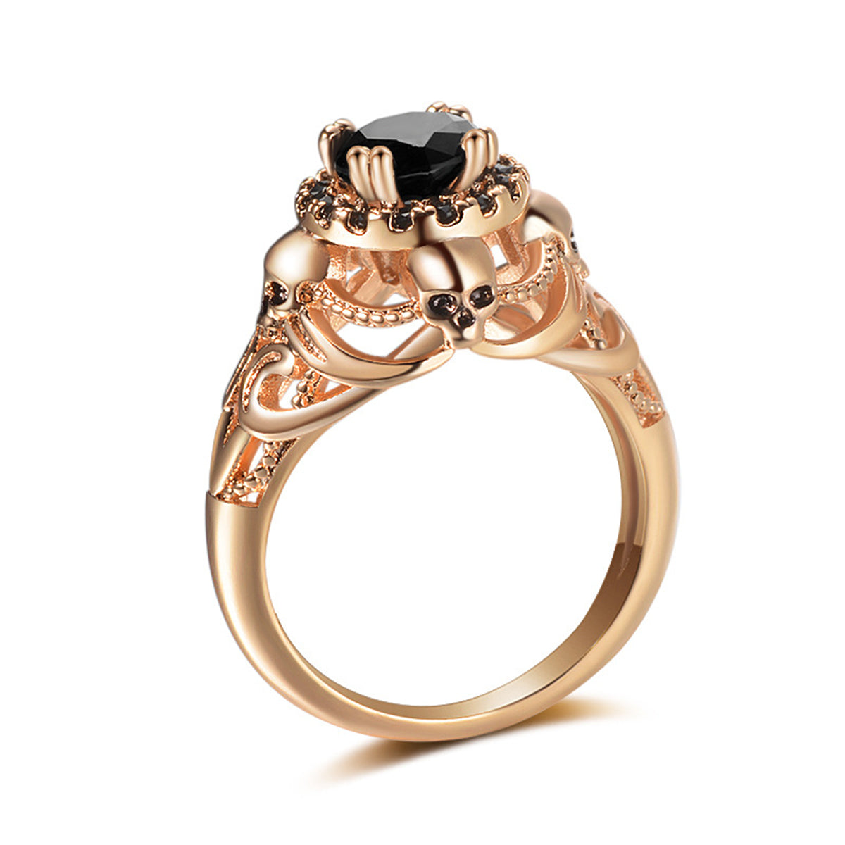 Black Crystal and Cubic Zirconia 18K Gold-Plated Skull Ring, gold statement rings for women, side view