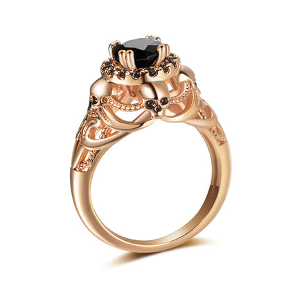 Black Crystal and Cubic Zirconia 18K Gold-Plated Skull Ring, gold statement rings for women, side view