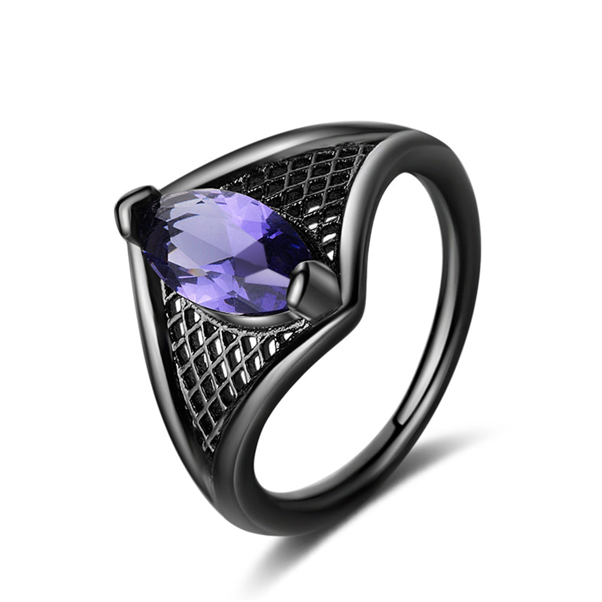 Purple Crystal Black-Tone Marquise-Cut Web Ring, statement rings for women, botanical inspired, front view
