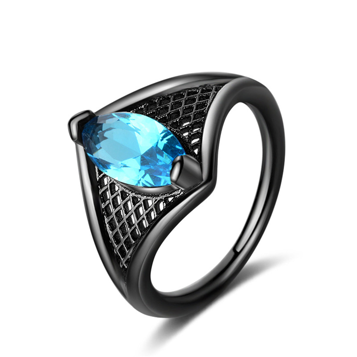 Sea Blue Crystal Black-Tone Marquise Web Ring, statement rings for women, dainty minimalist design, front view