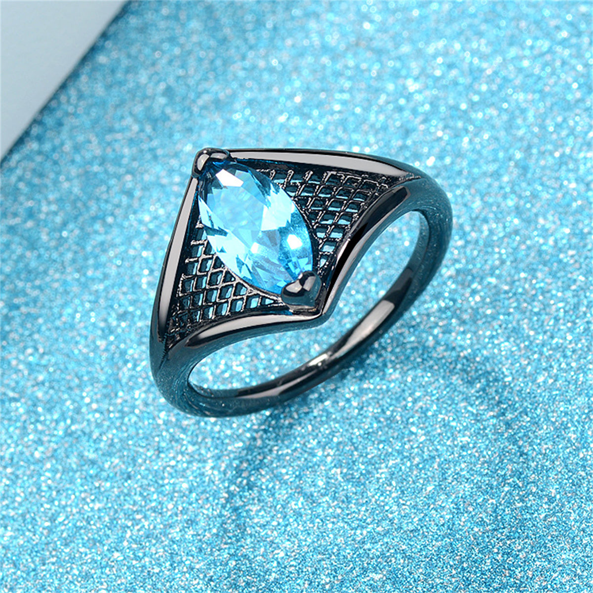 Sea Blue Crystal Black-Tone Marquise Web Ring, statement rings for women, dainty minimalist design, detail close-up