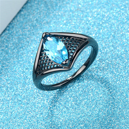Sea Blue Crystal Black-Tone Marquise Web Ring, statement rings for women, dainty minimalist design, detail close-up