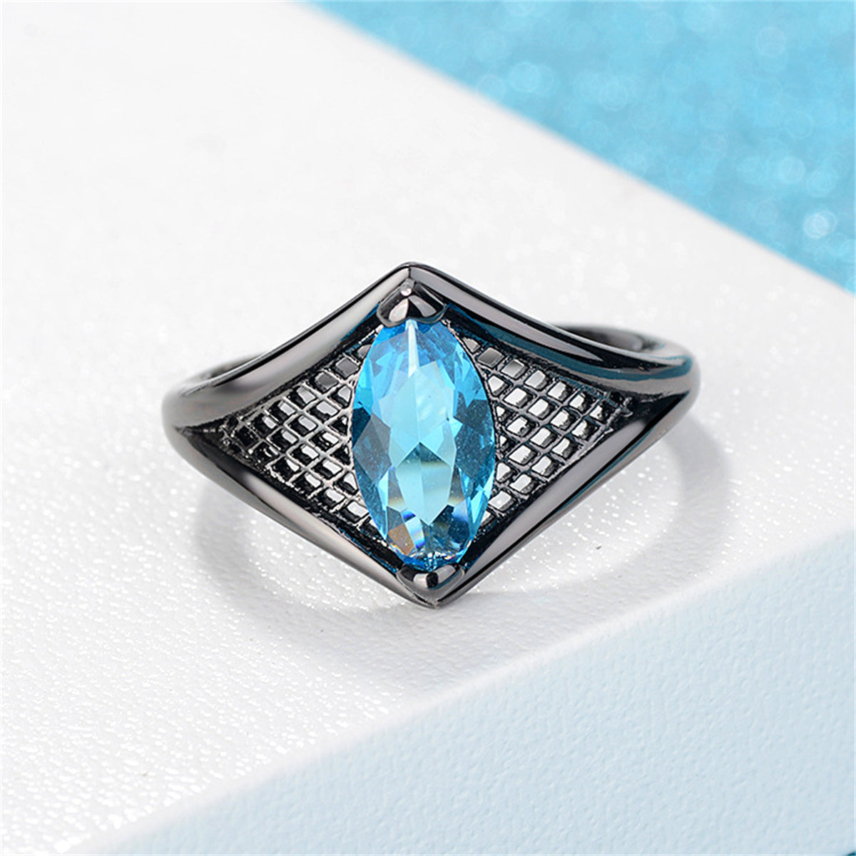 Sea Blue Crystal Black-Tone Marquise Web Ring, statement rings for women, dainty minimalist design, lifestyle look