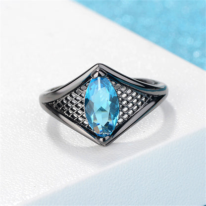 Sea Blue Crystal Black-Tone Marquise Web Ring, statement rings for women, dainty minimalist design, lifestyle look