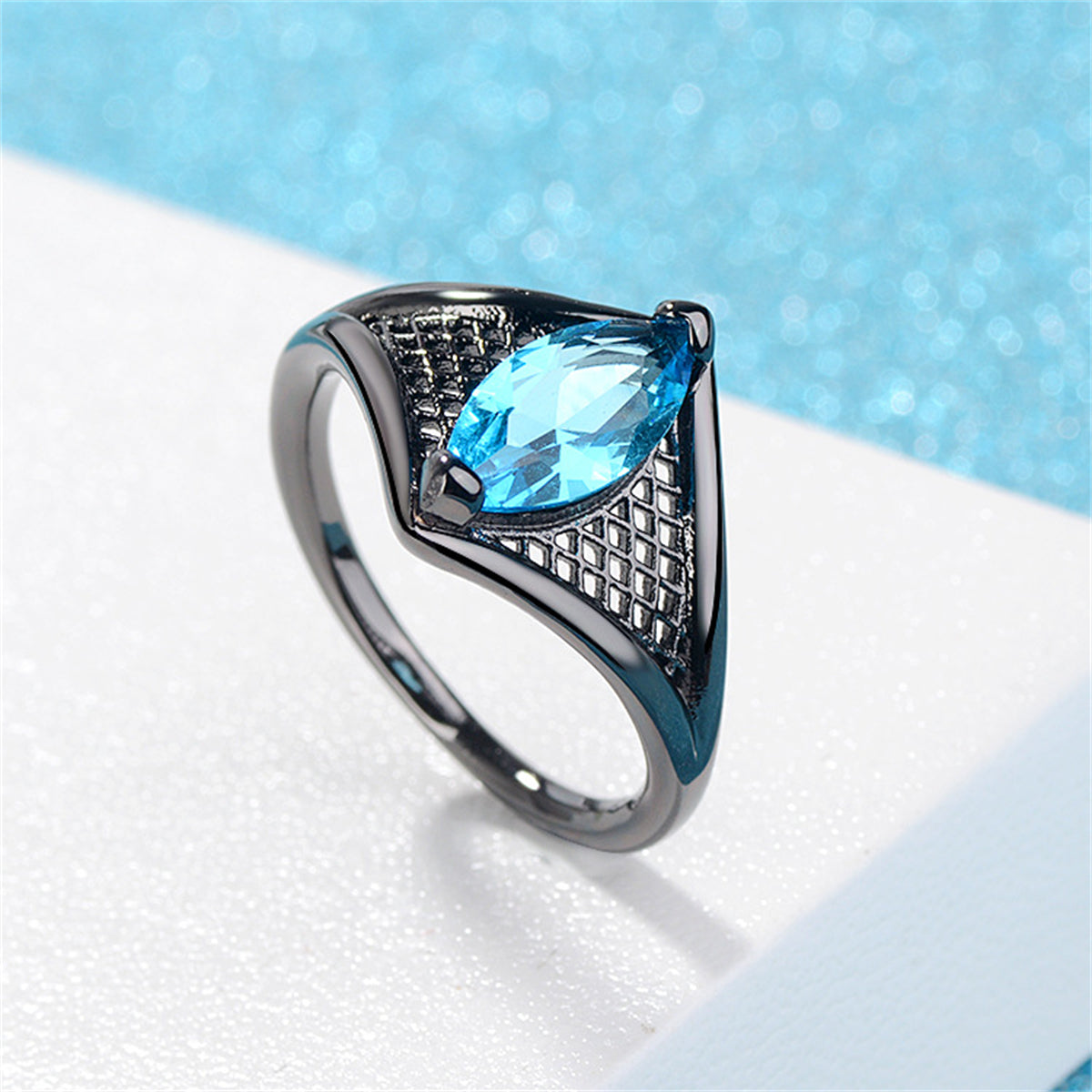 Sea Blue Crystal Black-Tone Marquise Web Ring, statement rings for women, dainty minimalist design, side view
