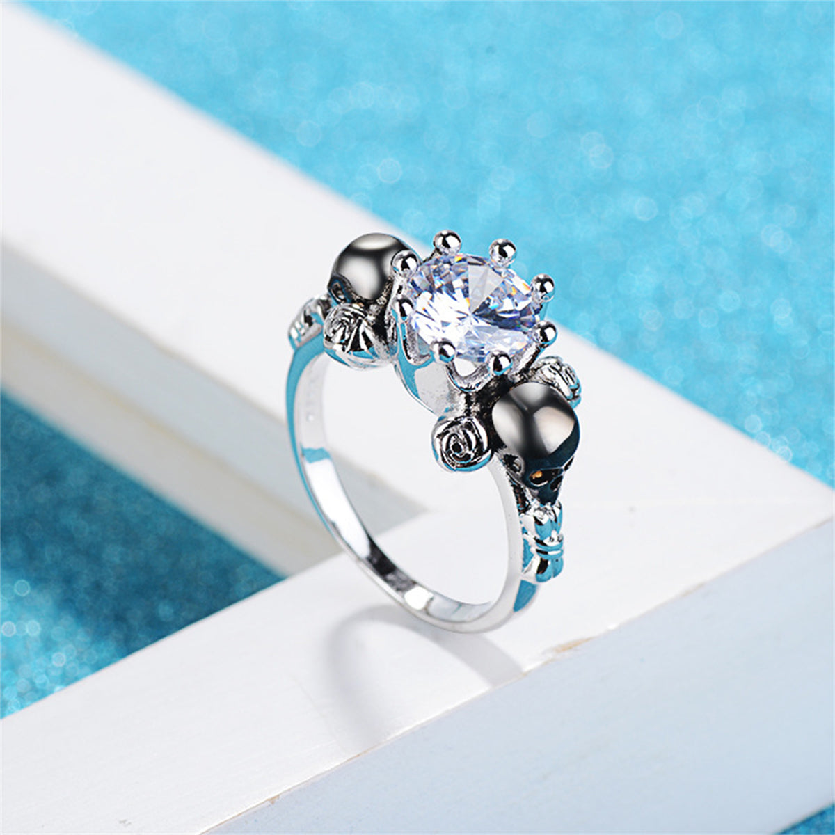 Clear Crystal and Silver-Plated Skull Rose Ring, silver statement rings for women, elegant gift for her, front view